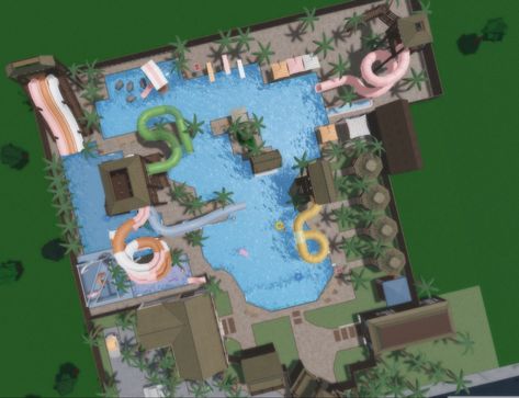 Bloxburg Amusement Park Layout, Waterpark Bloxburg Layout, Water Park Layout Bloxburg, Water Park Ideas Bloxburg, Bloxburg Love Island Layout, Water Park Decals Bloxburg, Bloxburg Water Park Decal Codes, Bloxburg Public Pool, Bloxburg Waterpark Ideas