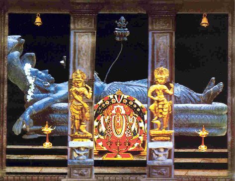 Lord Ananta Padmanabhaswamy, in Trivandrum  (Thiruvanathapuram) in Kerala. He is reclining on His servant, Lord Seshanaga, the great serpent Who is but an expansion of the Lord's energy, and incarnation of Lord Balarama, Lord Krishna's brother. Any time you see a reclining Vishnu, He is reclining on Lord Sesha. As in the temple, the small Deities are in the front, while the main Deity is in the back. While viewing the Deity at this temple, you pay your obeisances at all three doorways. The Deity Sree Padmanabhaswamy Temple, Indian Leaders, Great Serpent, Padmanabhaswamy Temple, India History, Indian Travel, Free Lightroom Presets Portraits, Education In India, Lord Balaji