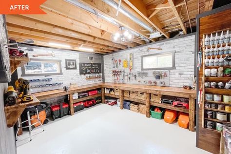 Garage Paint Organization, Organization On A Budget, Organized Workspace, Basement Organization, Basement Workshop, Faux Brick Panels, Basement Office, Minimalist Space, Brick Paneling