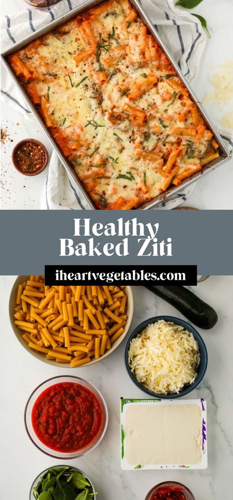 This healthy baked ziti is made with whole wheat pasta, plenty of vegetables, and a homemade protein-packed pasta sauce! Give this one a try when you’re looking for lightened-up comfort food. Whole Wheat Pasta Recipe Healthy, Whole Wheat Pasta Recipes, Healthy Baked Ziti, Macaroni Lasagna, Alfredo Mac And Cheese, Dinner Ideas Baked, Fresh Pasta Salad, Back To School Dinners, Wheat Pasta Recipes