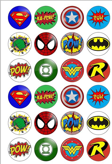 24 Precut 40mm Round Superhero Logo Themed Edible Wafer Paper Cake Toppers : Amazon.co.uk: Home & Kitchen Avengers Cupcakes Toppers, Avenger Party, Avengers Cake Topper, Avenger Cupcakes, Superhero Cupcake Toppers, Superhero Cupcakes, Edible Wafer Paper, Bubble Birthday, Avenger Birthday Party