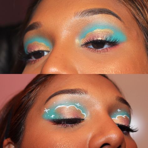 Tried the cloud eyeshadow trend CCW Carebear Makeup Halloween, Cool Eyeshadow Looks Creative, Cloud Eyeliner, Cloud Eye Makeup, Cloud Eyeshadow, Fun Eyeshadow Looks, Colorful Eye Makeup Tutorial, Cloud Makeup, Golden Eye Makeup