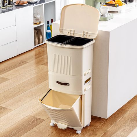 PRICES MAY VARY. Versatile: This 32.7 inch kitchen trash bin fits under most cabinets for easy use. The ergonomic design allows for effortless garbage disposal without bending over. Made of durable, easy-to-clean thickened PP material, this tall kitchen trash can is ideal for kitchen. Dimensions: 15.2x9.3x32.7 inches. Capacity: 12 gallons. Practical Design: The drawer-style design of our trash can kitchen offers extra storage for items like garbage bags, streamlining household cleaning. A side s Garbage Can Storage, Trash Can Cabinet, Kitchen Trash Can, Environmentally Friendly Living, Trash Can With Lid, Tall Kitchen, Apartment Hacks, Trash Containers, Kitchen Trash