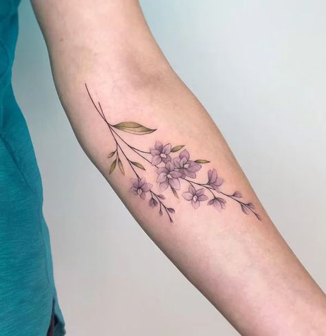 Delphinium Tattoo, Larkspur Flower Tattoos, July Birth Flower Tattoo, Name Flower Tattoo, Larkspur Tattoo, Flower Vine Tattoos, Flower Tattoo On Ribs, Water Lily Tattoos, July Birth Flower