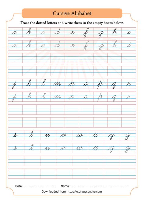 Cursive Writing A To Z Small Letters Practice Worksheets - Letter A To Z Cursive Letters, Capital Cursive Letters Worksheets, Small Cursive Letter Worksheet, Cursive Alphabet Printable, Capital Cursive Letters, Cursive Writing Book, Cursive Small Letters, French Cursive, Practice Cursive