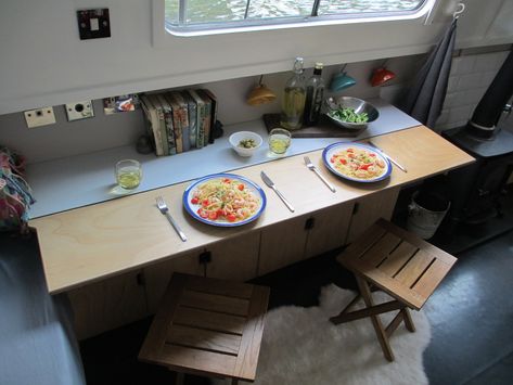 Small space dining. Fold down table for two. Dining Unit, Canal Boat Interior, Narrow Dining Tables, Narrowboat Interiors, Boat Table, Boat House Interior, Fold Down Table, Boat Storage, Boat Interior