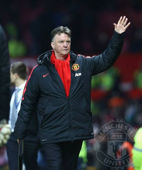 Manager Louis van Gaal of Manchester United waves to the fans after the Barclays Premier League match between Manchester United and Tottenham Hotspur at Old Trafford on March 15, 2015 in Manchester, England. Barclays Premier League, Van Gaal, Manchester United Soccer, Manchester England, Premier League Matches, Soccer Coaching, Man Utd, Old Trafford, Man United