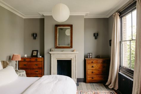 A Carefully Restored Victorian House in London 20 Reclaimed Fireplace, Painted Window Frames, Mad About The House, Marble Fireplace Surround, Victorian Bedroom, Two Bedroom House, Grey Bedroom, London House, Victorian Terrace