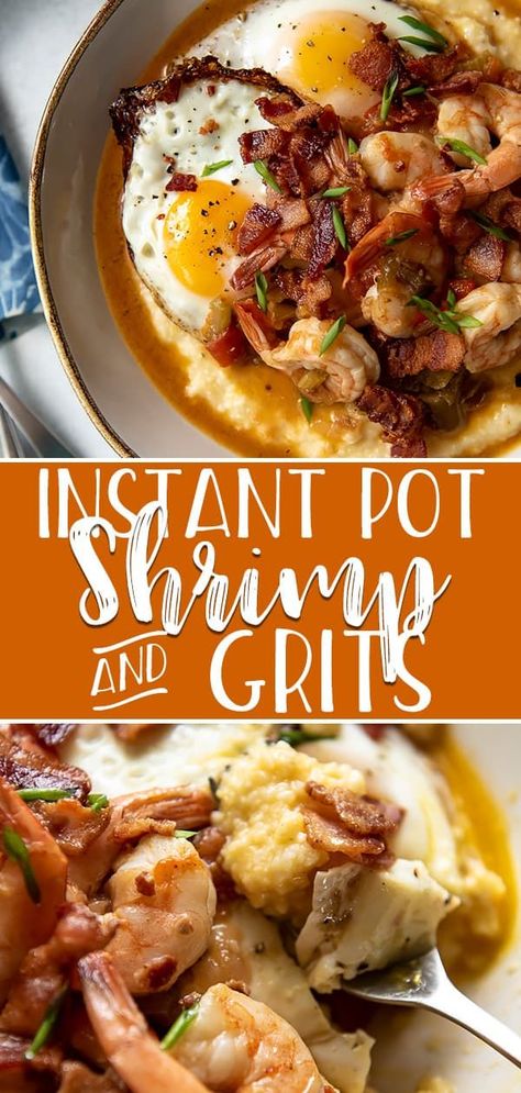 Enjoy a taste of the South with a batch of this cheesy Shrimp and Grits, an easy brunch recipe completely prepared in your Instant Pot in about 30 minutes! Salty bacon, spicy sauteed tomatoes, and crispy fried eggs share the bowl with juicy shrimp and creamy grits in this comforting dish. #crumbykitchen #sponsored #BrunchWeek #instantpot #electricpressurecooker #pressurecooker #shrimp #shrimprecipes #shrimpandgrits #recipe #breakfast #brunch #recipes #southernfood #southernrecipes #delicious #ch Cheesy Shrimp And Grits, Bacon Brunch, Instant Pot Shrimp, Cheesy Shrimp, Sauteed Tomatoes, Shrimp N Grits Recipe, Creamy Grits, Potted Shrimp, Grits Recipe