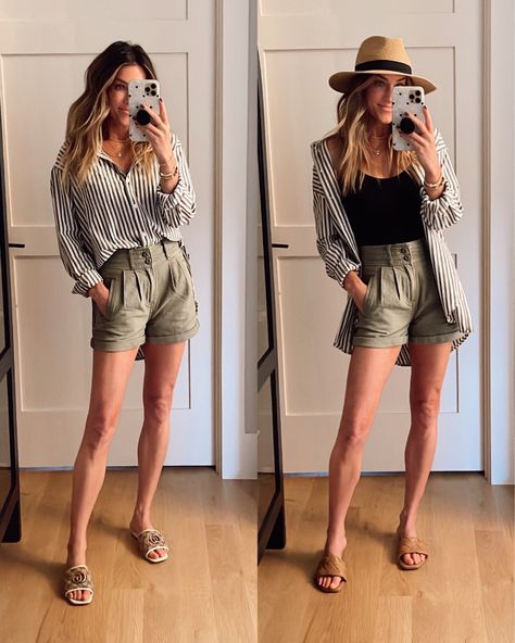 Linen Shorts And Button Down, Short And Button Down Shirt Outfit, Tank Top Button Up Outfit, Tank With Button Up Shirt, Tank And Button Up Outfit, Button Up Cover Up Outfit, Summer Fashion Minimalist, Oversized Button Up Shirt With Shorts, Shorts With Button Down Shirt Women