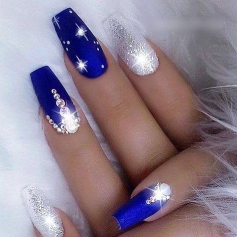 Blue And Silver Nails, Blue Coffin Nails, Dark Blue Nails, Blue Acrylic Nails, Blue Nail Designs, Christmas Nails Acrylic, Silver Nails, Coffin Nails Designs, Bling Nails