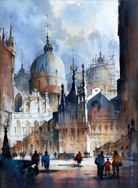 Thomas W Schaller, Thomas Schaller, Watercolor City, Watercolor Architecture, People Walking, Architecture Painting, 수채화 그림, The Courtyard, Watercolor Landscape Paintings