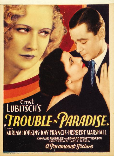 Paradise Poster, Herbert Marshall, Miriam Hopkins, Trouble In Paradise, Top 10 Films, Harvey Girls, Green Dolphin, Kay Francis, Pre Code