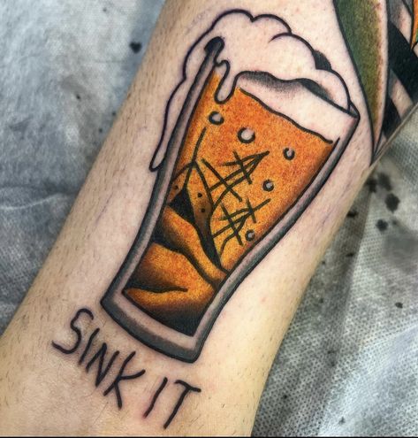 Pint Glass Tattoo, Beer Matching Tattoos, Beer Glass Tattoo, Alcohol Tattoo Ideas, Guiness Pint Tattoo, Beer Mug Tattoo, Traditional Beer Tattoo, Drink Tattoo, Alcohol Tattoo