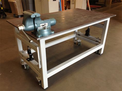 Moveable Workbench - Pirate4x4.Com : 4x4 and Off-Road Forum Welding Bench Ideas, Ron Paulk, Retractable Wheels, Metal Work Bench, Paulk Workbench, Retractable Casters, Small Workbench, Welding Bench, Rolling Workbench