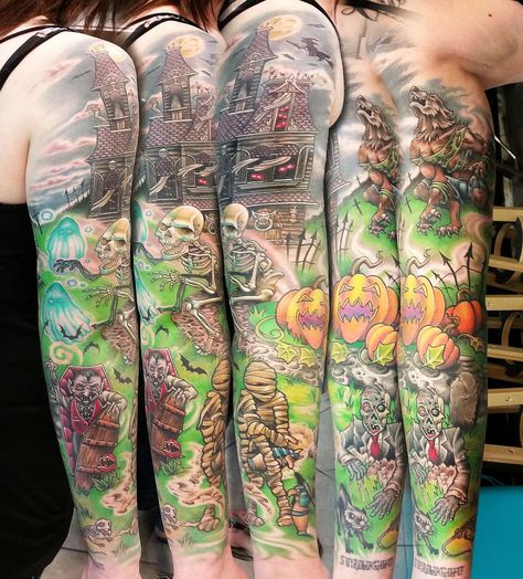 Halloween Sleeve by joshing88 on DeviantART Halloween Tattoo Sleeve, Halloween Sleeve Tattoo, Traditional Tattoo Halloween, Halloween Sleeve, Cute Halloween Tattoos, Halloween Tattoos Sleeve, Mask Ball, Tattoos Sleeve, Ball Ideas