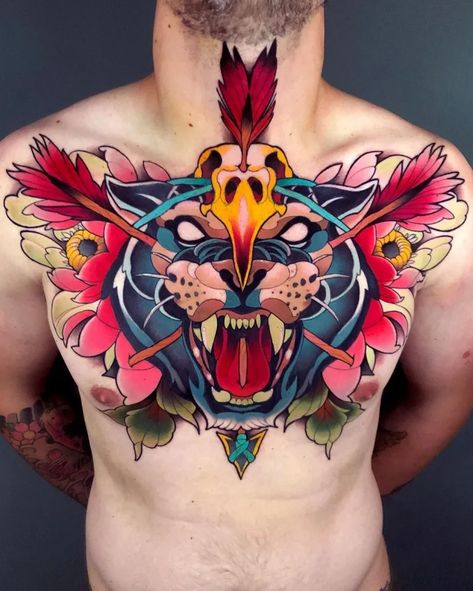 Chest Tattoos for Men: 21 Ideas to Showcase Your Style and Strength Neo Trad Chest Tattoo, Jaguar Chest Tattoo, Black Panther Tattoos, Chestpiece Tattoo, Neo Traditional Chest Tattoo, Tattoos On Chest, Manly Tattoos, Panther Tattoos, Traditional Chest Tattoo