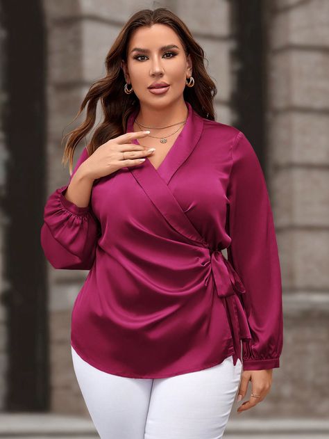 Red Violet Casual,Elegant Collar Long Sleeve Woven Fabric Plain Top Embellished Slight Stretch  Women Plus Clothing Wrapped Top Outfit, Ankara Top Styles For Jeans, Wrap Shirt Outfit, Wrap Tops For Women, Mode Style Anglais, Wrap Top Outfit, Blouse Pattern Free, Satin Outfit, Shiny Blouse