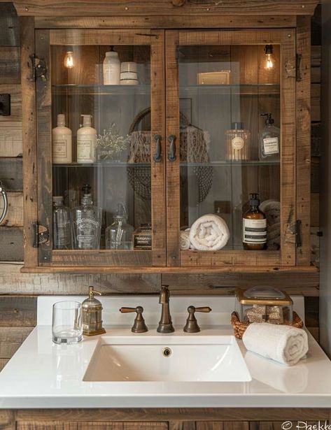 35 Charming Farmhouse Single Sink Bathroom Vanity Ideas Small Bathroom Vanity Farmhouse, Antique Washstand Bathroom Vanity, Country Cottage Bathroom Ideas, Small Bathroom Vanities Farmhouse, Cozy House In The Woods, Single Sink Bathroom Vanity Ideas, Powder Bath Vanity, Barnwood Bathroom Vanity, Rustic Cabin Bathroom