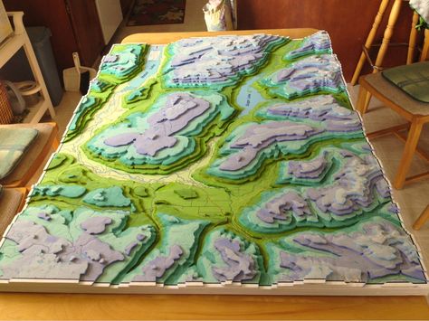 This in a 3D Elevation Model of the Cherryville Watershed that I created for the Cherryville Water Stewards. I layered it using white foam board at 200m elevation increments. #Terrain #Elevation #3D-Model #Geomatics Geography Model, Waterfall Project, Glitter Room, Visual Art Lessons, Earth Layers, Forest Map, 3d Elevation, 3d World, Earth Map