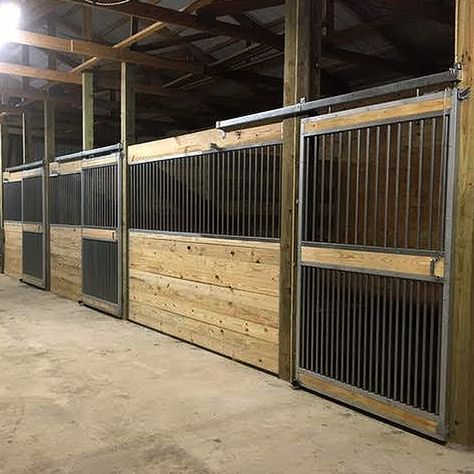 Essex Standard Stall Front with Full Grill Door #ramm #horsestalls #essex #horse #stalls #equine #horses #barn #farm #kitstalls #diy #barndiy #farmdiy Horse Shed, Stall Fronts, Stall Door, Horse Corral, Horse Shelter, Goat Barn, Wood Lumber, Horse Stall, Horse Fencing