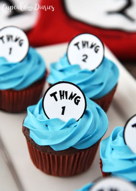 Thing One and Thing Two Cupcakes Dr Seuss Treats, Dr Seuss Cupcakes, Seuss Cupcakes, Two Cupcakes, Thing One And Thing Two, Buttermilk Chocolate Cake, Cake Mix Cupcakes, Cupcake Diaries, Jello Cups