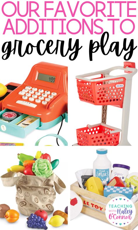 Do you have a grocery store dramatic play center in your preschool classroom? Or maybe you have a grocery store area set up in your home. Either way, you are going to want to check-out this post where I share a huge list of grocery store must-haves. To help your students and children learn through play, you are going to want to stock your pretend grocery store with shopping carts, play food, kids play registers and more. Find the full list of what to add to your grocery store dramatic play! Diy Play Grocery Store, Vet Clinic Dramatic Play, Clinic Dramatic Play, Store Dramatic Play, Kids Grocery Store, Pretend Grocery Store, Grocery Store Dramatic Play, Play Grocery Store, Baby Play Areas