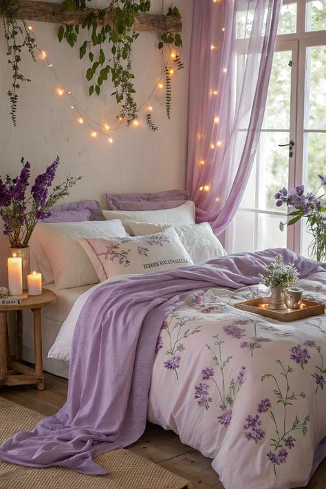 A boho bedroom with lavender accents combines a laid-back vibe with calming shades of purple and soft lavender. The mix of textures and natural elements creates a cozy, inviting space perfect for relaxation. Whether you’re drawn to lavender bedrooms or looking to add some lavender decor, this style works well with boho elements like woven rugs, wooden furniture, and plant accents. Save this pin for when you're ready to update your lavender room! Boho Bedroom Lavender, Lavender And White Bedroom Ideas, Purple Bedroom Inspo Aesthetic, Purple And Yellow Room Ideas, Lavender Green Bedroom, Light Purple Walls Bedroom Ideas, Lavender Themed Room, Apartment Decorating Purple, Rapunzel Room Aesthetic