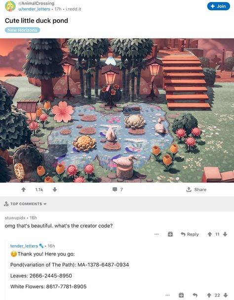 Animal Crossing Pond Design Code, Acnh Duck Pond, Acnh Pond Decorations, Acnh Flower Pond, Anch Ponds, Girl Gamer, Acnh Inspiration, Home Ac, Duck Pond