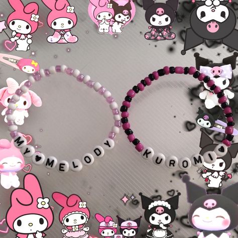 pulseira kuromi my melody My Melody Bead Bracelet, Kuromi And My Melody Matching Bracelets, Kuromi Bracelet Beads, Bff Bead Bracelets, Bff Bracelets Diy, Kuromi E My Melody, Matching Bracelet Ideas, Bff Bracelets For 2, Seed Bead Bracelets Diy