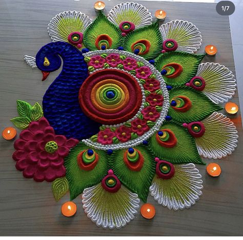 Easy Beautiful Rangoli, Big And Beautiful Rangoli Designs, Peackok Rangoli Design, Beautiful Rangoli Ideas, Easy Rangoli Flower Designs, Easy And Beautiful Rangoli Designs, Easy And Best Rangoli Designs, Aesthetics Rangoli Designs, Rangoli For Competition