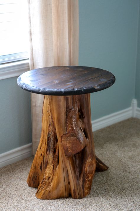 How to create a side table from a cedar stump :: cedar stump :: log table :: DIY :: woodland nursery :: cabin furniture :: boy nursery spindlelife.net Tree Stump Furniture, Tree Stump Coffee Table, Tree Stump Table, Log Table, Log Cabin Furniture, Stump Table, Cabin Furniture, Tree Stumps, Tree Furniture