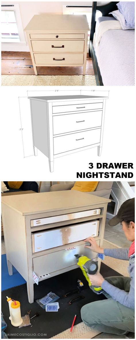 A DIY tutorial to build a 3 drawer nightstand. Make this nightstand for your bedroom perfect with 3 roomy drawers for storage. Diy Large Nightstand, How To Build A Nightstand With Drawers, Diy 2 Drawer Nightstand, Diy 3 Drawer Nightstand Plans, Diy Bedside Table With Drawer, Nightstand With Drawers Diy, 3 Drawer Nightstand Diy, Diy 3 Drawer Nightstand, Adding Height To Nightstand