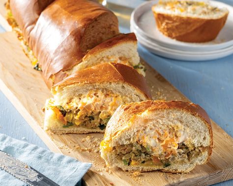 Boudin-Stuffed French Bread Boudin Sourdough Stuffing Recipe, Boudin Recipe Meals, Sourdough Stuffing Recipe, Boudin Recipe, Boudin Sausage, Louisiana Dishes, Orange Bell Pepper, Poblano Pepper, Yellow Bell Pepper