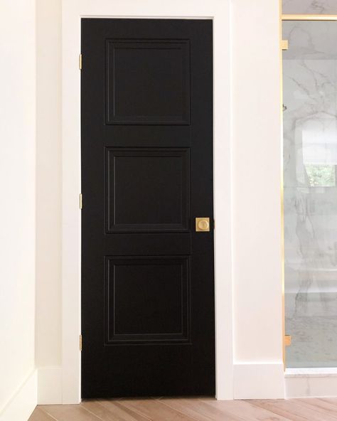 Black Door Gold Hardware, Black Doors Gold Hardware, Black Interior Doors With Gold Hardware, Black Doors Interior, Eclectic Decor Inspiration, Black Interior Door, Panel Interior Doors, Pine Doors, Black Paint Color