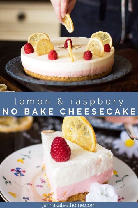 This lemon raspberry no bake cheesecake is easy to make and taste divine! It's a delicious dessert for spring or summer that looks really impressive, too! Fun Spring Desserts, Raspberry Lemon Cheesecake, Baking Cheesecake, Lemon Raspberry Cheesecake, Candied Lemon Slices, Raspberry No Bake Cheesecake, No Bake Lemon, Spring Time Desserts, Lemon Mousse