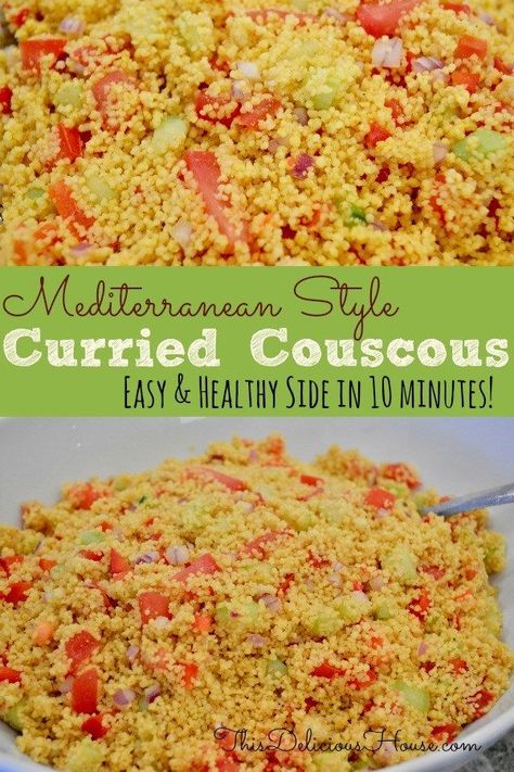 EASY and healthy Curried Couscous with cucumbers and tomatoes is a simple side dish that is great for grilling, barbecues, easy weeknight dinners, or brunches. #couscous #curriedcouscous Couscous Mediterranean, Barbecue Meals, Curried Couscous, Cucumbers And Tomatoes, Easy Main Dishes, Healthy Side Dish, Healthy Side, Cucumber Tomato, Healthy Sides