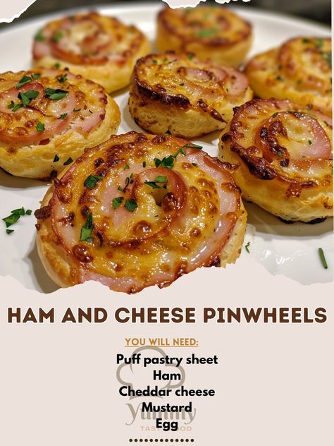 🧀🍖 Roll into flavor with Ham and Cheese Pinwheels! Perfect party snack or a fun lunchbox addition. #PinwheelBites #SnackTime Ham and Cheese Pinwheels Recipe These easy-to-make pinwheels are a delightful combination of ham and cheese, wrapped in a crispy pastry. Ingredients: Puff pastry sheet: 1 (about 250g) Ham, thinly sliced: 150g Cheddar cheese, grated: 100g Mustard: 30ml Egg, beaten (for egg wash): 1 Directions: Prep the Pastry: Preheat your oven to 190°C (375°F). Roll out the puff pa... Christmas Picnic Food, Puff Pastry Ham And Cheese Pinwheels, Ham Cheese Puff Pastry Pinwheels, Ham And Cheese Puffs, Quick Party Snacks, Pinwheels Appetizers, Christmas Picnic, Ham And Cheese Roll Ups, Puff Pastry Recipes Savory