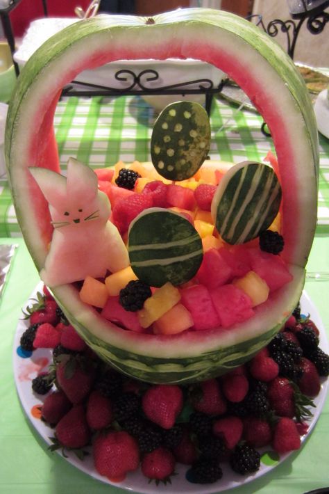 Watermelon Easter Basket Watermelon Easter Basket, Ostara 2023, Easter Vibes, Easter 2024, Fruit Arrangements, Watermelon Fruit, Fruit Carving, Easter Dinner, Easter Brunch