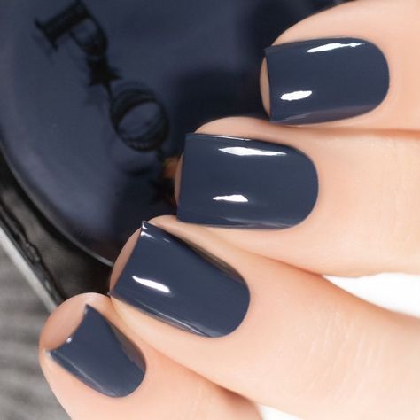 Blue Nail Polish 2023, Blue Grey Nail Polish, Prussian Blue Nails, Smoky Grey Nails, Dark Blue And Grey Nails, Navy Grey Nails, Navy Sns Nails, Navy Pedicure Toenails, Dark Blue Grey Nails