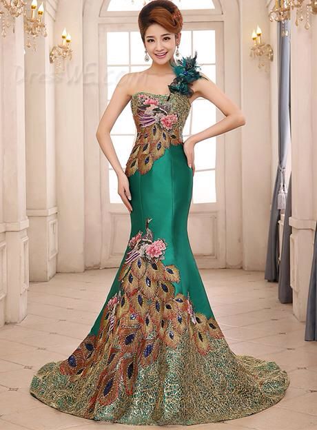 Peacock .Dresswe.cocktail dress Chinese Style Prom Dress, Peacock Gown, Flowers Embroidery, Long Evening Dress, Prom Dresses Vintage, فستان سهرة, Mermaid Evening Dresses, Cheap Wedding Dress, Peacocks