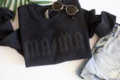 Mama Sweatshirt, Mom Gift, Black Mama Sweatshirt, Lightening, Puff Print Design, Tonal Sweatshirt, Mothers Day Gift - Etsy Late Summer Outfits, Black Crewneck Sweatshirt, Black Crewneck, Mama Sweatshirt, Women Hoodies Sweatshirts, Casual Black, Cozy Sweatshirts, Mama Shirt, Printed Sweatshirts