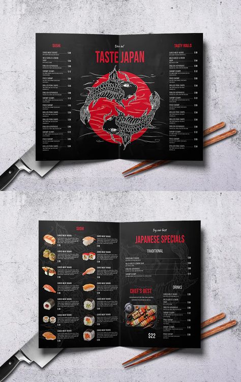 Japanese Bifold Menu Design PSD - A4 & US Letter Asian Restaurant Menu Design, Japanese Menu Design, Sushi Menu, Japanese Menu, Food Menu Template, Menu Board, Menu Template, Menu Restaurant, Menu Design