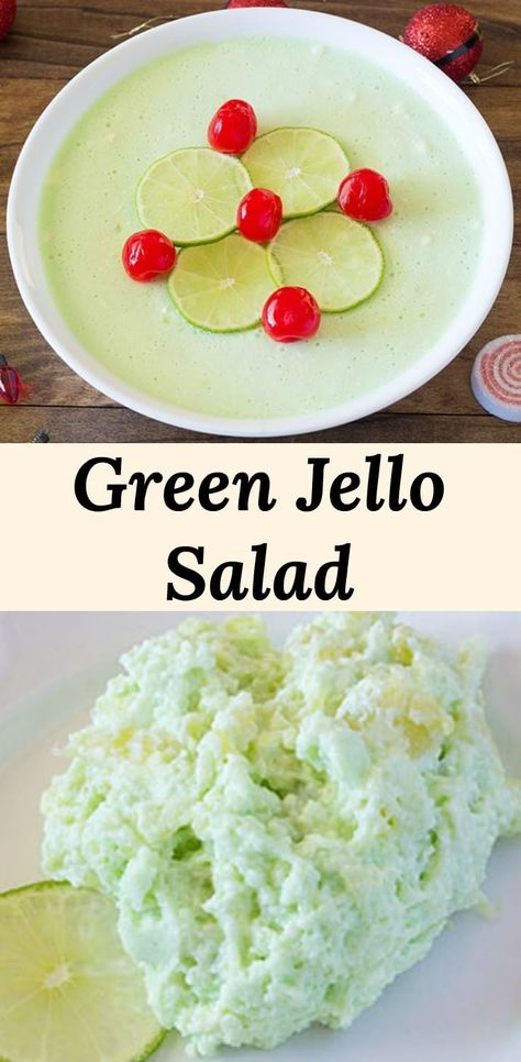 Green Jello Salad is a creamy lime jello and pineapple side dish or dessert. No cottage chhese!  This one uses cream cheese and whipped cream! #recipes Pineapple Side Dish, Lime Jello Recipes, Jello With Cool Whip, Green Jello Salad, Lime Jello Salads, Mediterranean Salad Recipe, Green Jello, Jello Dessert Recipes, Pineapple Salad