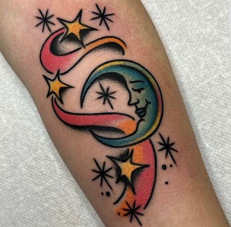 Star Gem Tattoo, American Traditional Zodiac Tattoo, Traditional Full Moon Tattoo, American Traditional Tattoos Moon, Traditional Moon Tattoo, Space Tattoos, Traditional Tattoo Flash Art, Full Moon Tattoo, Celestial Tattoo