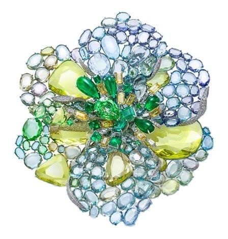 Feng J. “Icy Green Dahlia” brooch from the Garden of Impressionism collection, set with pear-shape emerald of 7ct weight, double rose-cut sapphires, tsavorite, tanzanite, yellow quartz on white diamonds, and 18k gold Green Dahlia, Katerina Perez, Yellow Quartz, Colorless Diamond, Purple And Yellow, Pink Feathers, Colombian Emeralds, Bird Brooch, Brown Diamond