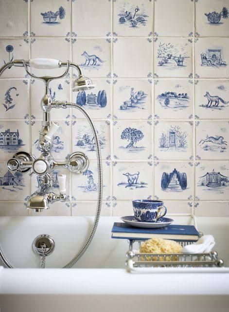 Delft Tiles Bathroom, Delft Tile Bathroom, Delft Bathroom, Blue And White Tile, Serene Bathroom, Interior Tiles, Delft Tiles, Coastal Granddaughter, Fired Earth