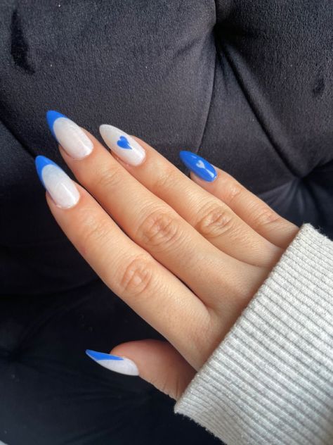 Blue valentines day nails Blue French Tip With Heart, Blue Valentines Day Nails, French Tip With Heart, Royal Blue Prom Nails, Futuristic Nails, Nails For Valentines Day, Nails For Valentines, Nail Art Blanc, Royal Blue Nails Designs