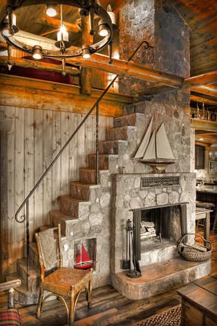 Land's End Development Construction Ideas, Room With Fireplace, A Frame House, Cabins And Cottages, Living Room With Fireplace, Fireplace Design, Cabin Homes, Stone Fireplace, Stairs Design