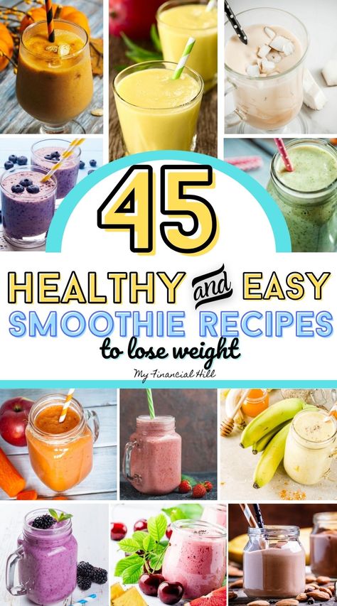 Are you looking for easy ways to lose weight? Drinking delicious smoothies could be the perfect answer. Try replacing one of your 3 daily meals with a healthy and tasty smoothie. This can cut your calorie intake plus giving you a nutritional boost with natural vitamins and minerals in fruit and vegetables blended in a quick and easy smoothie. You won't run out of ideas with these 45 healthy smoothie recipes to lose weight. #smoothierecipe #smoothierecipeshealthy #smoothiesforweightloss Orange Julius Recipe, Calorie Intake, Easy Smoothie Recipes, Easy Smoothies, Frugal Meals, Yummy Smoothies, Smoothie Diet, Smoothie Recipes Healthy, Healthy Weight